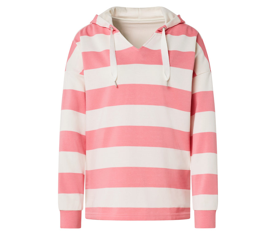 Ružovo-biela pruhovaná mikina s kapucňou a dlhými rukávmi.