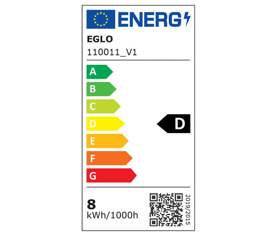 Energetický štítok EGLO 110011_V1 zobrazuje triedu energetickej účinnosti D a spotrebu 8 kWh/1000h.