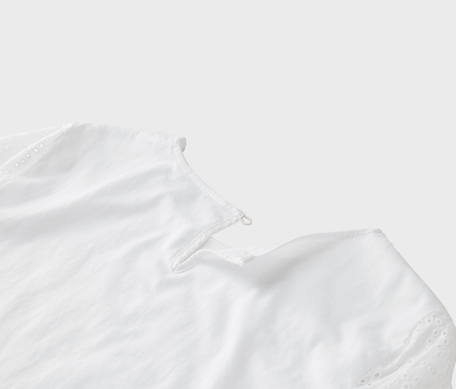 Detailný pohľad na bielu blúzku s dierkovanou výšivkou na rukáve.