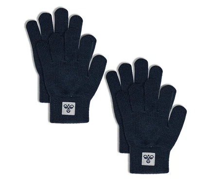 Dva páry modrých pletených rukavíc hummel® HMLJR Knit Gloves 2P s nášivkou loga na manžetách.