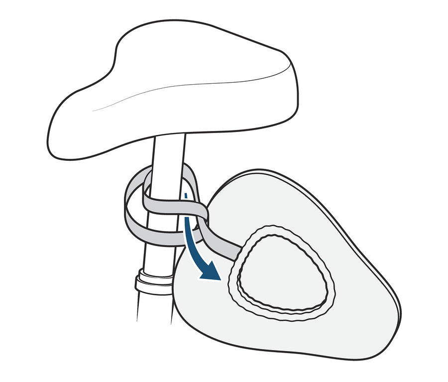 Nákres zobrazuje poťah na sedadlo bicykla pripevnený na sedadle.