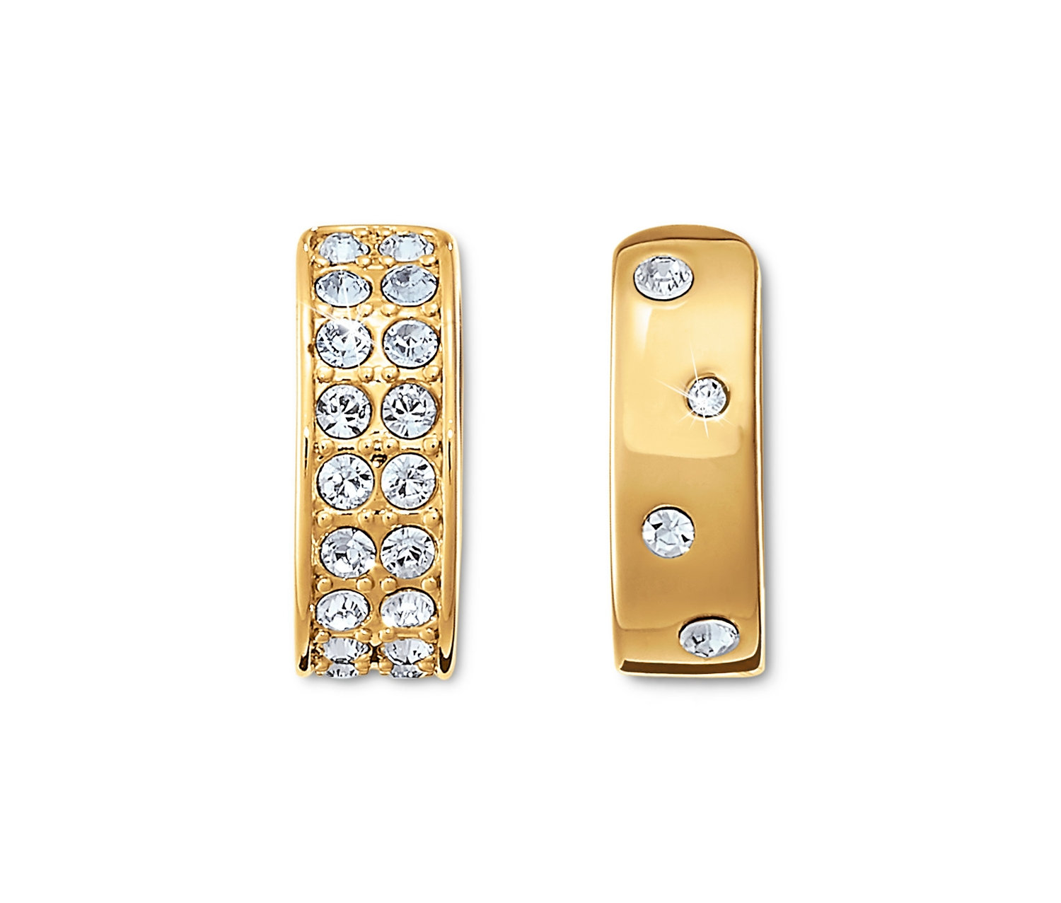 Dve zlaté náušnice so sklenenými krištáľmi.