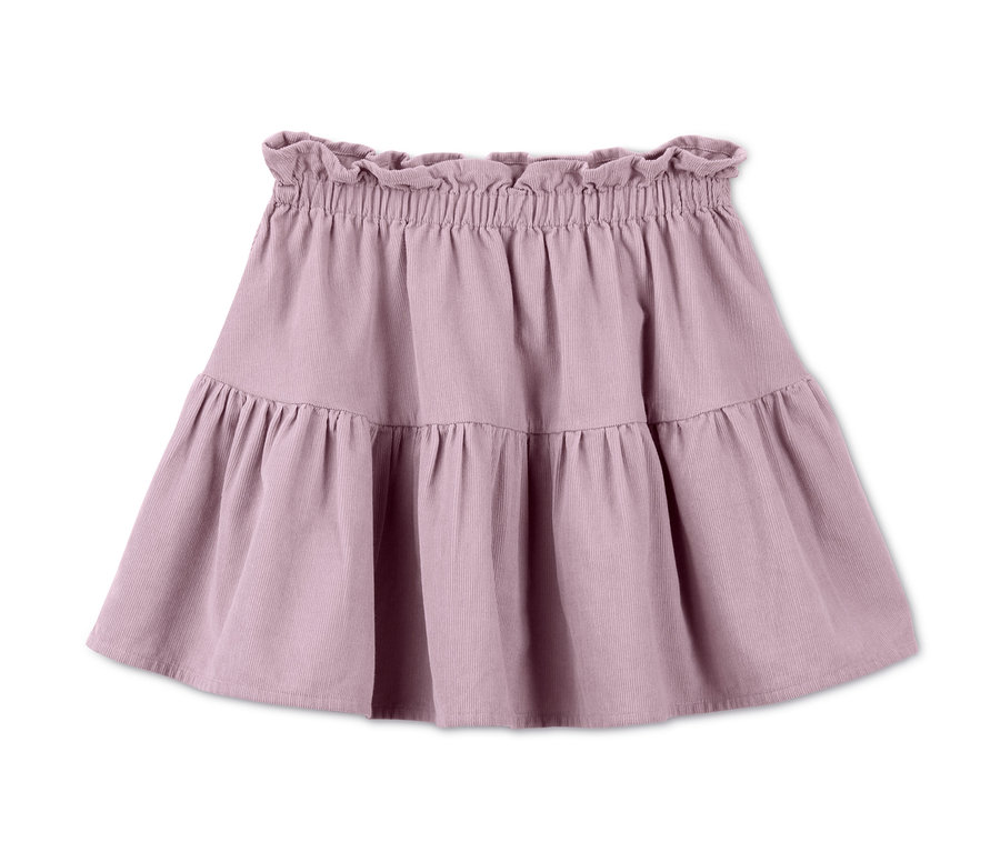 Fialová menčestrová sukňa s volánom v páse.