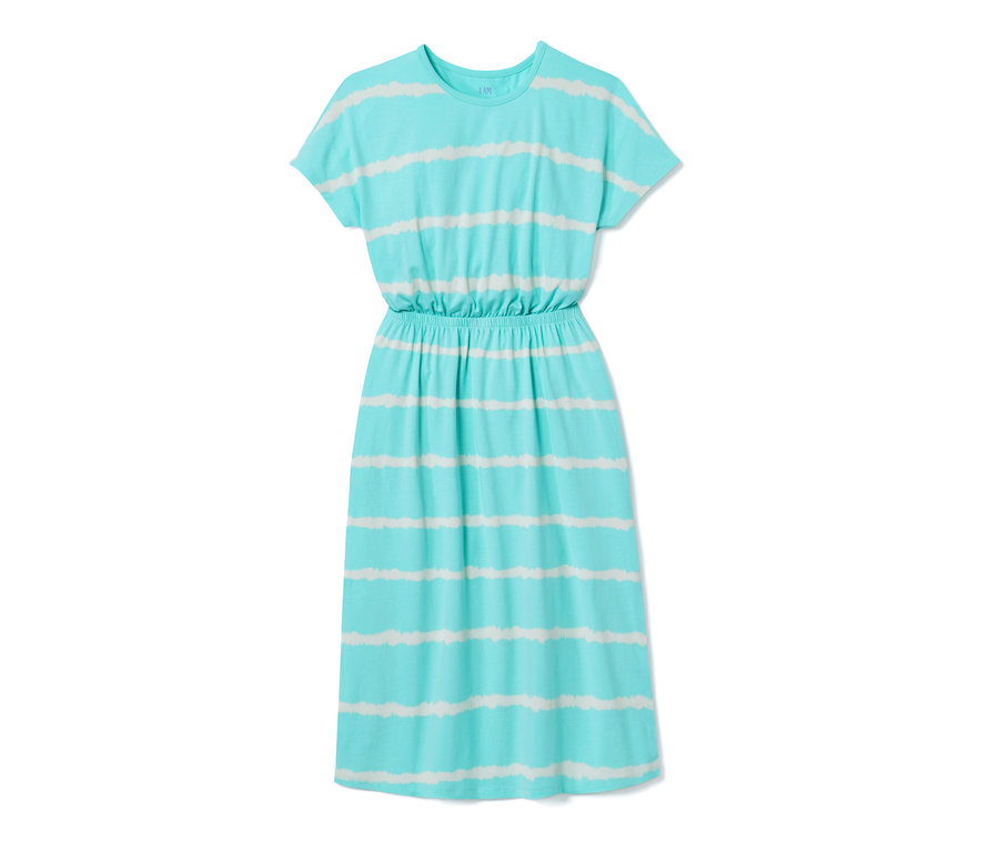 Modré džersejové šaty s bielymi pruhmi.