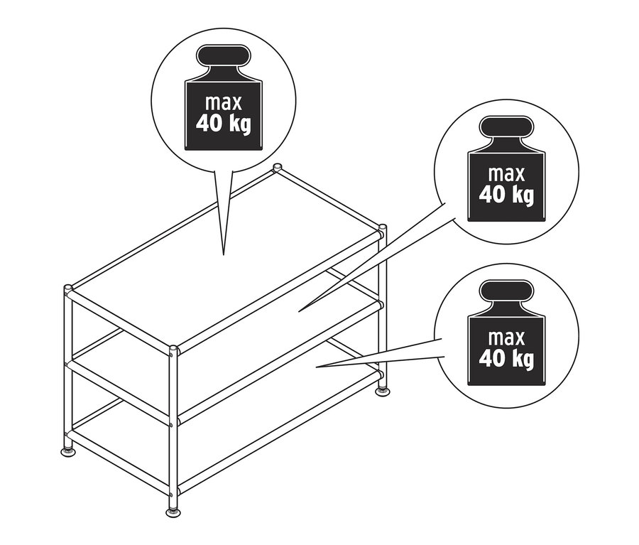 Nákres kovového konferenčného stolíka CN3 s tromi policami a maximálnou nosnosťou 40 kg.