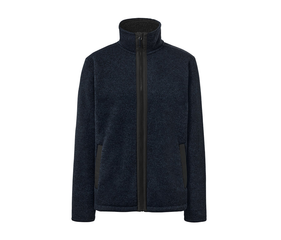 Tmavomodrá bunda z pleteného flaušu so zipsom uprostred.