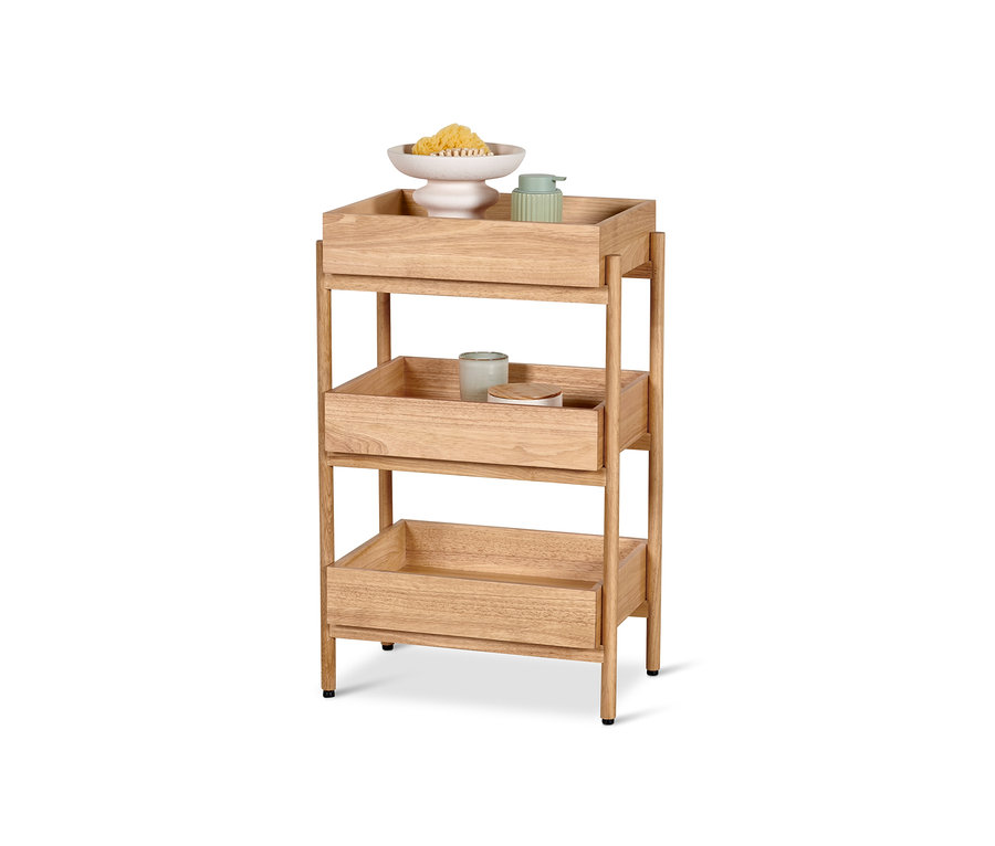 Stojanový regál s 3 priehradkami s kúpeľňovými doplnkami.