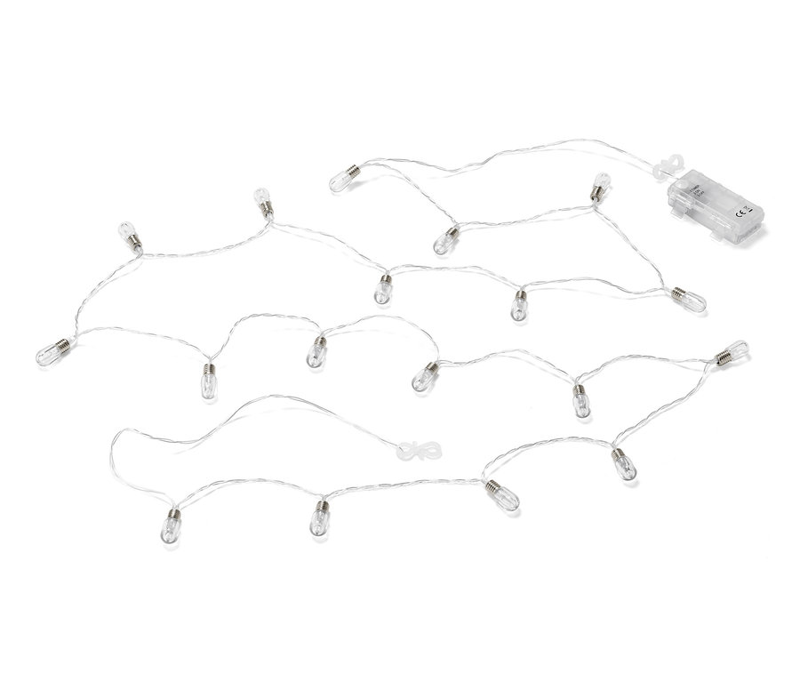 LED svetelná reťaz s minižiarovkami na bielom pozadí.