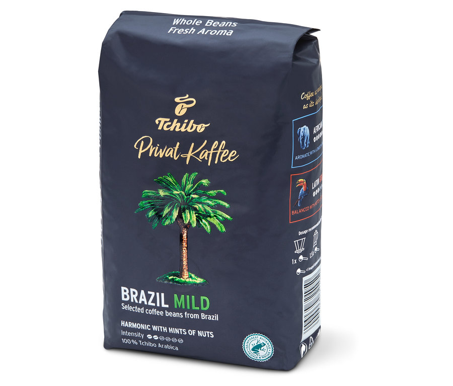 Balenie 500 g zrnkovej kávy Privat Kaffee Brazil Mild.