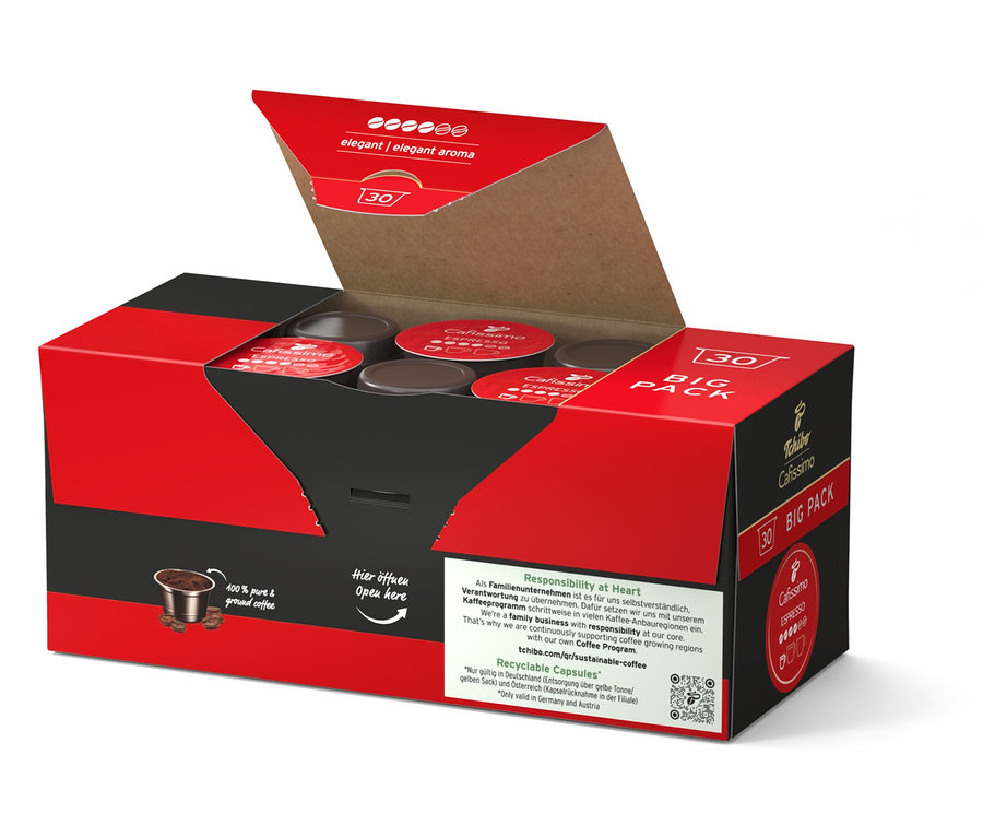 Otvorené balenie 30 kapsúl Cafissimo Espresso elegant.