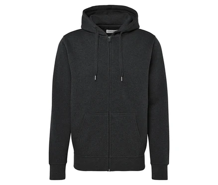 Sivá mikina s kapucňou na zips a klokaním vreckom.