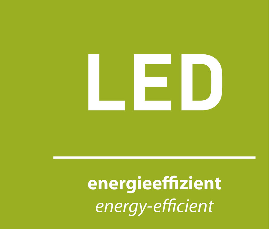 Zelené pozadie s bielym textom "LED", vodorovnou čiarou a textom "energieeffizient energy-efficient".