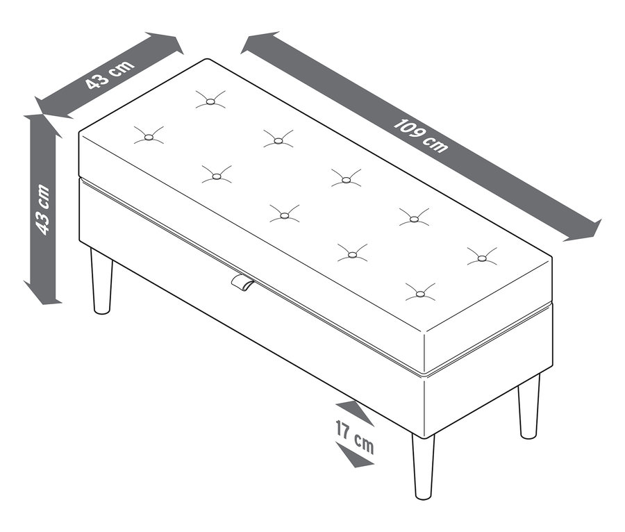 Nákres čalúnenej lavice s úložným priestorom s rozmermi 43 x 43 x 109 cm a výškou nožičiek 17 cm.