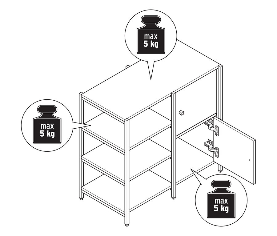 Pohľad zhora na komodu »GRADE« s otvorenými priehradkami a 2 dvierkami, s pokynmi pre maximálnu hmotnosť.