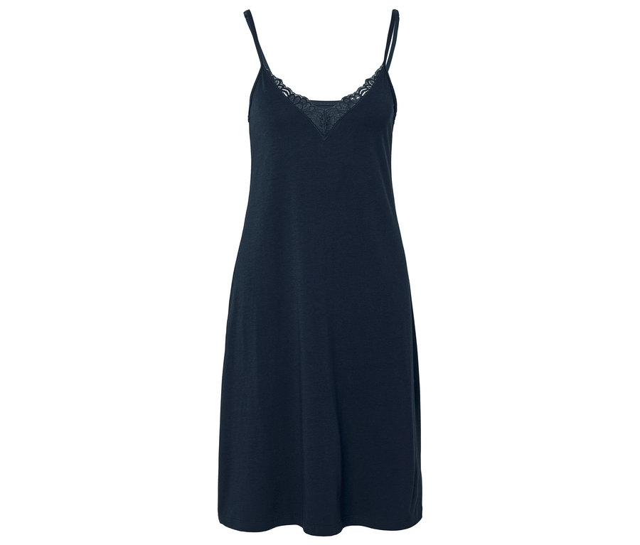 Tmavomodrá nočná košeľa bez rukávov s čipkovaným detailom na výstrihu.