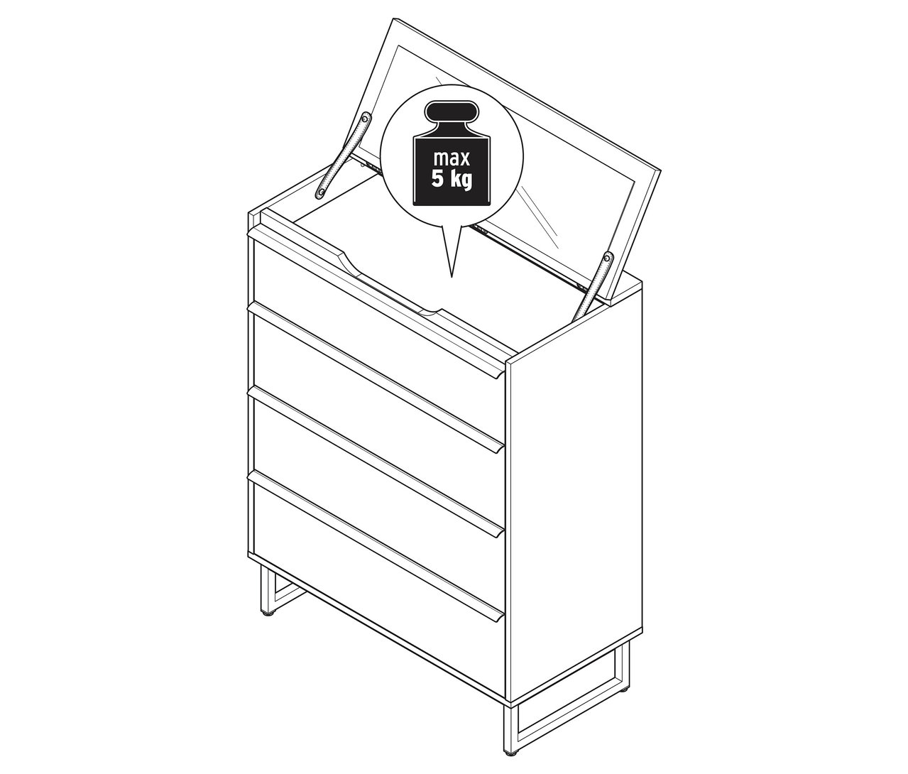 Komoda »LEEG« so 4 zásuvkami a zrkadlom, s otvorenou hornou zásuvkou.