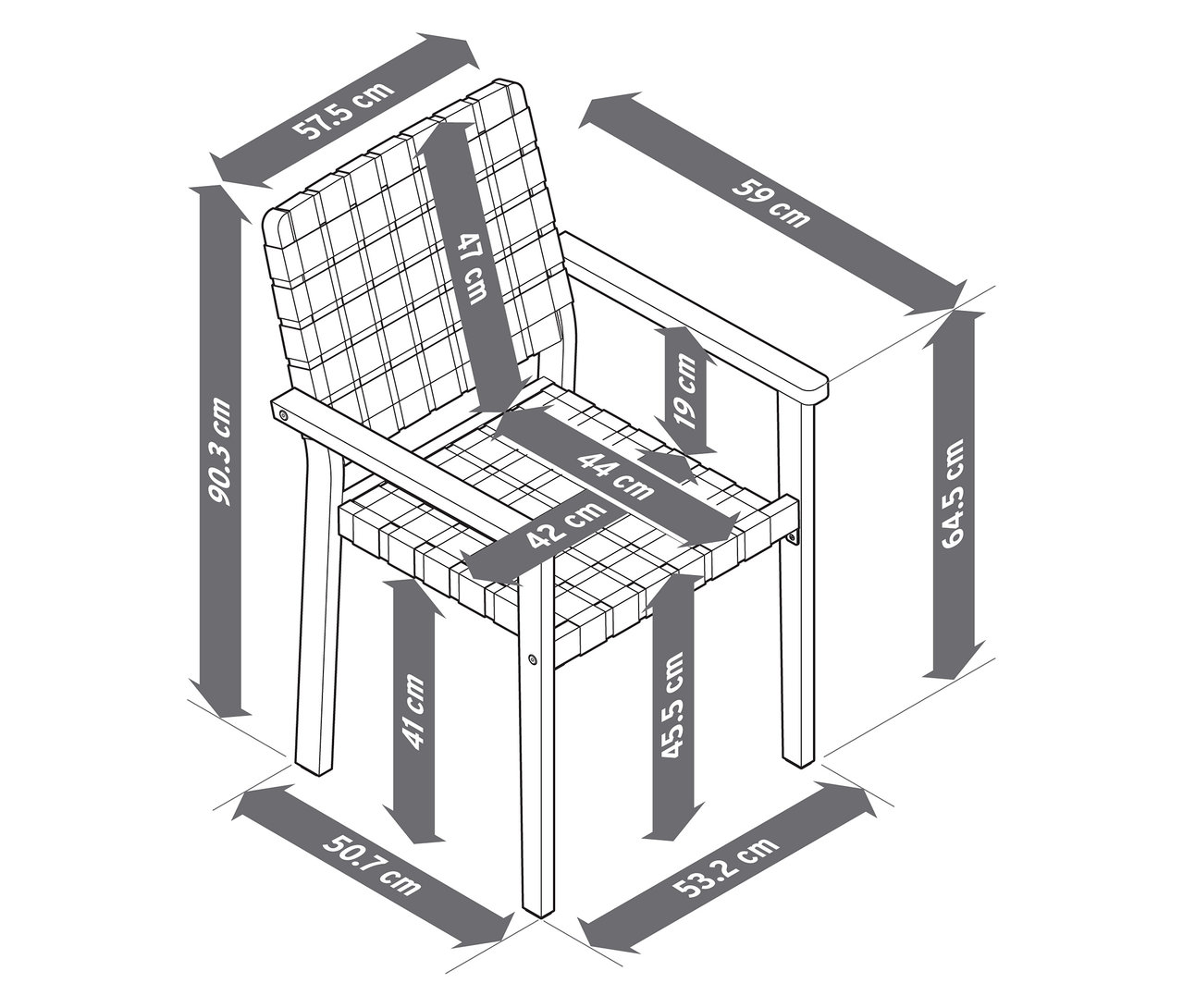 Obrázok stohovateľnej záhradnej stoličky s popruhovým výpletom a rozmermi.