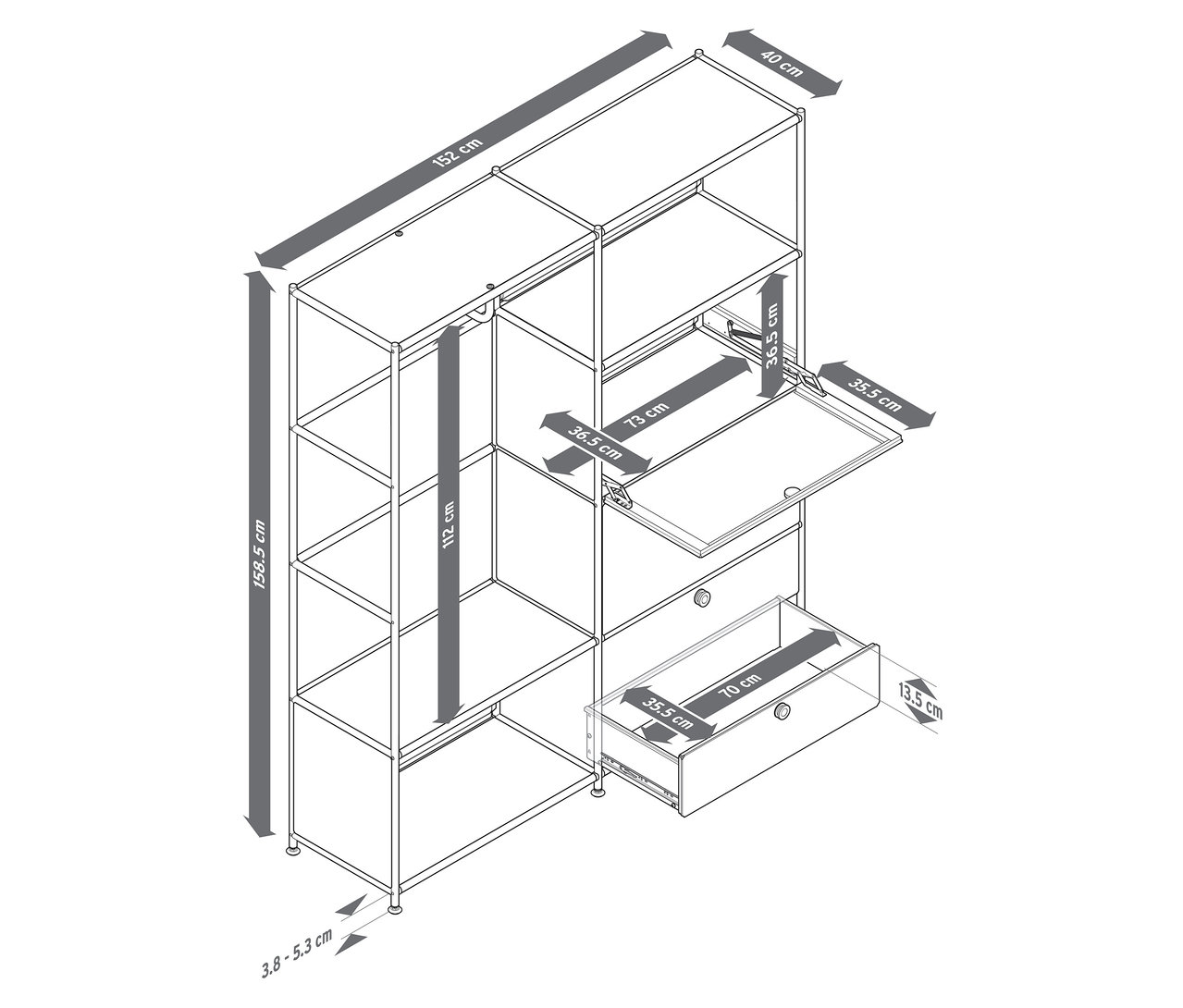 Pohľad zhora na kovovú vešiakovú stenu »CN3« s dvomi výklopnými priehradkami a dvomi zásuvkami s rozmermi.