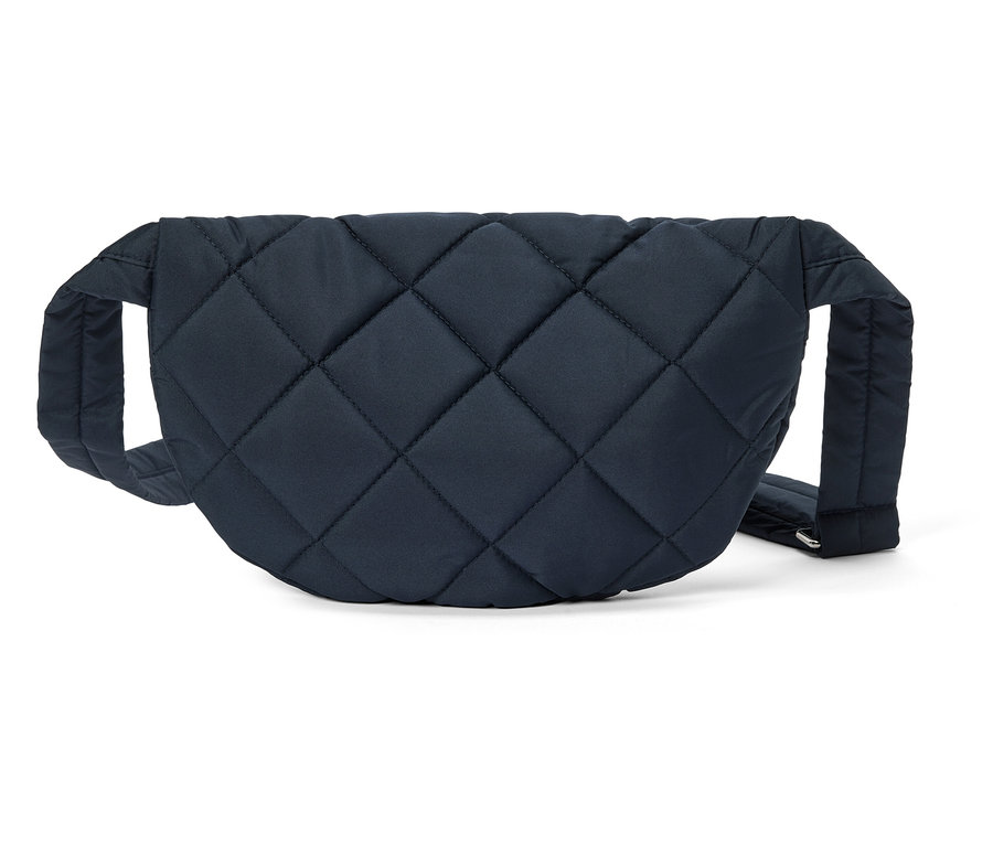 Na bielom pozadí leží tmavomodrá, prešívaná taška.