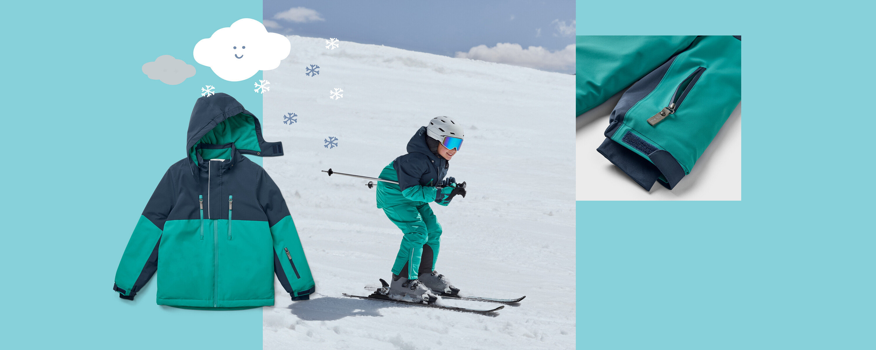 Dieťa lyžuje na zasneženom svahu v modrozelenej bunde a nohaviciach. Vľavo je modrozelená bunda a vpravo detail vrecka na rukáve.