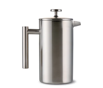 Dvojstenná kanvica french press z ušľachtilej ocele s objemom 900 ml, s brúseným povrchom, rúčkou a vekom s piestom.