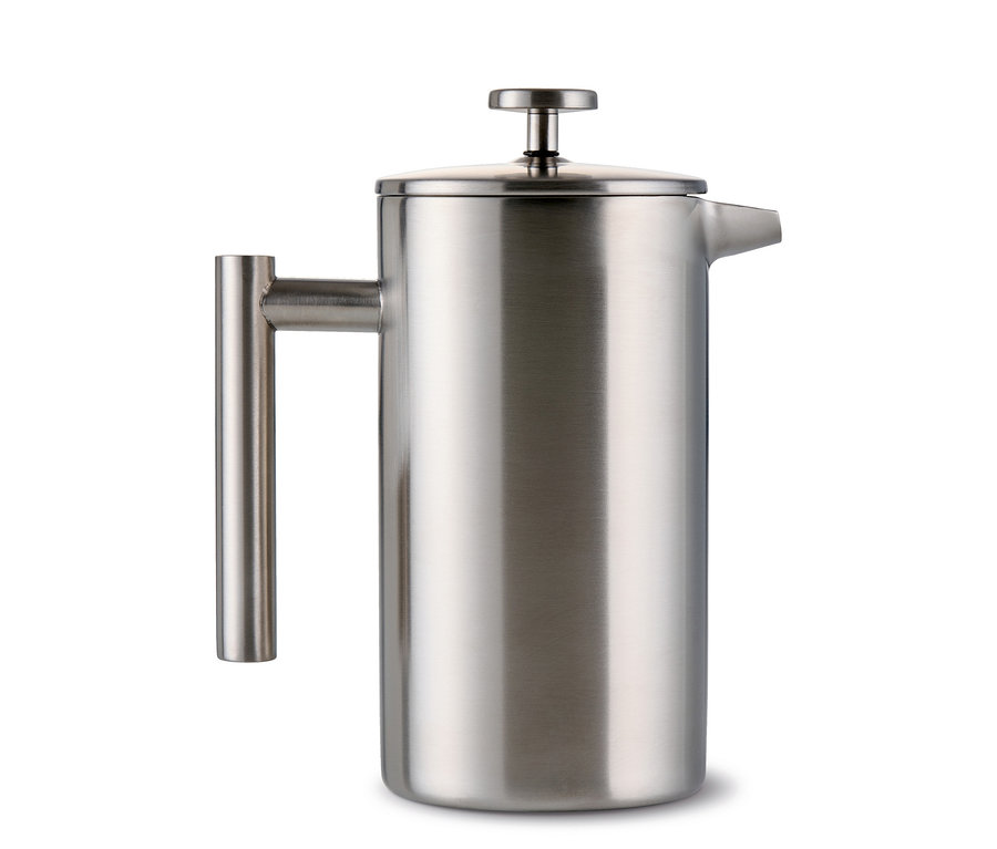 Dvojstenná kanvica french press z ušľachtilej ocele s objemom 900 ml, s brúseným povrchom, rúčkou a vekom s piestom.