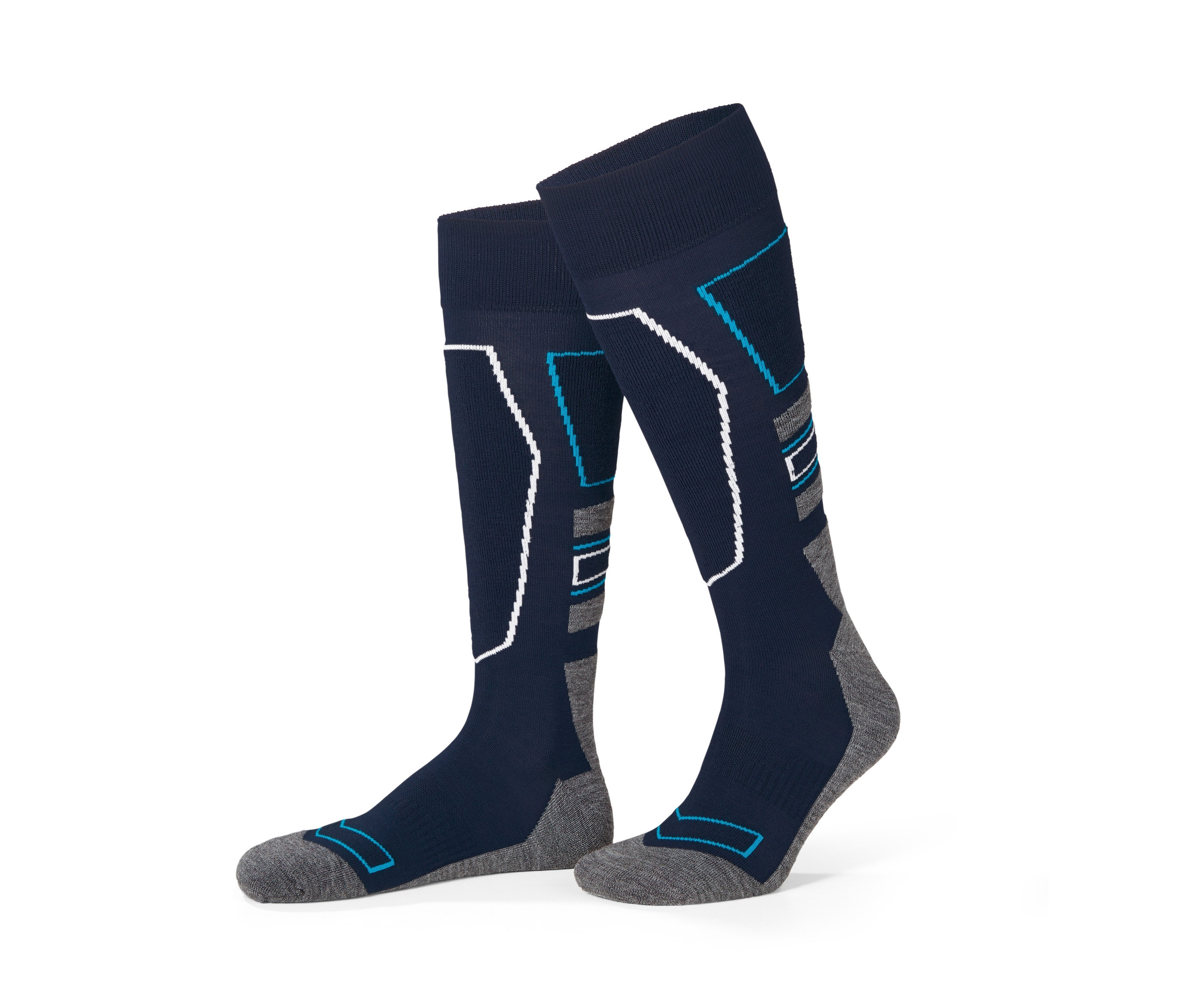 Dve lyžiarske termopodkolienky s vlnou tmavomodrej farby so sivou pätou a špičkou.