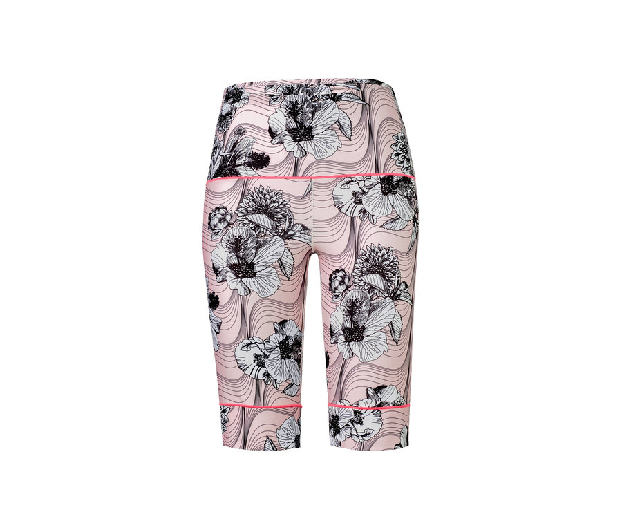 Ružové funkčné cyklistické nohavice s kvetinovou potlačou.