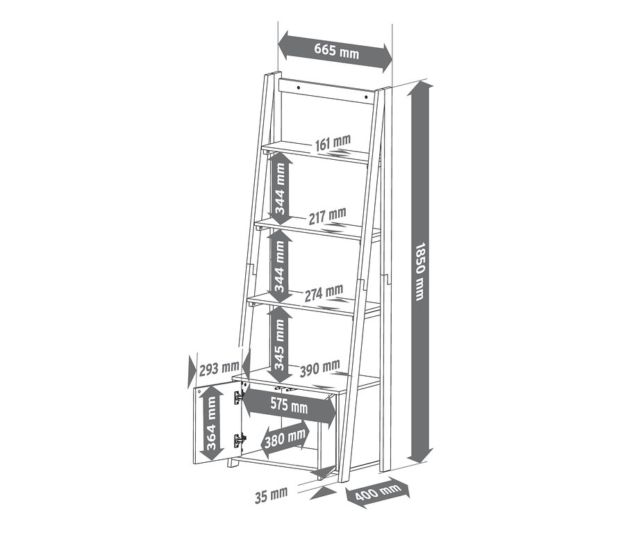 Rozmery rebríkovej police so skrinkovou priehradkou.