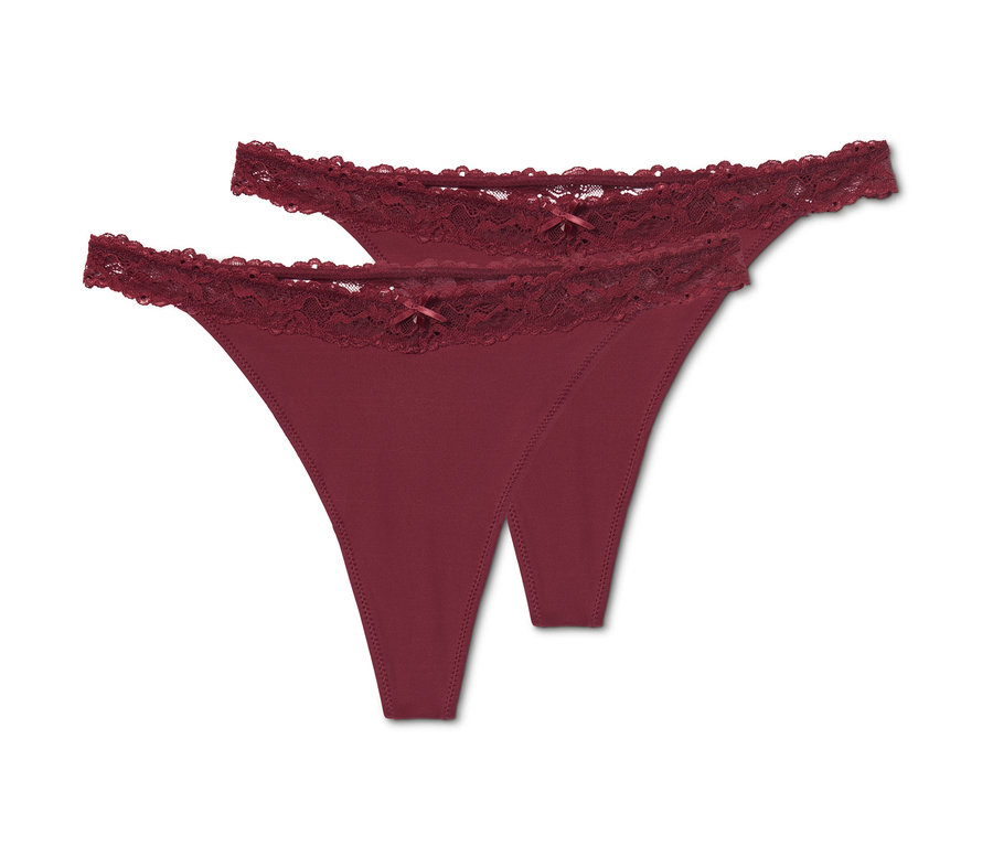 Dvoje bordových nohavičiek tangá s čipkou.