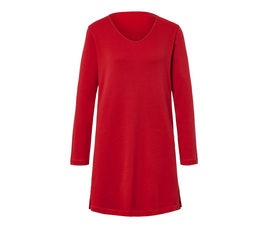 Červená ažúrová nočná košeľa s dlhými rukávmi a výstrihom do V.