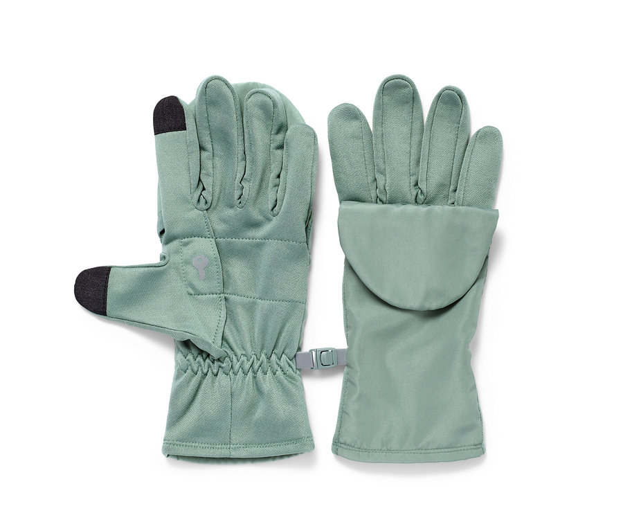 Dve svetlozelené odklápacie bežecké rukavice.