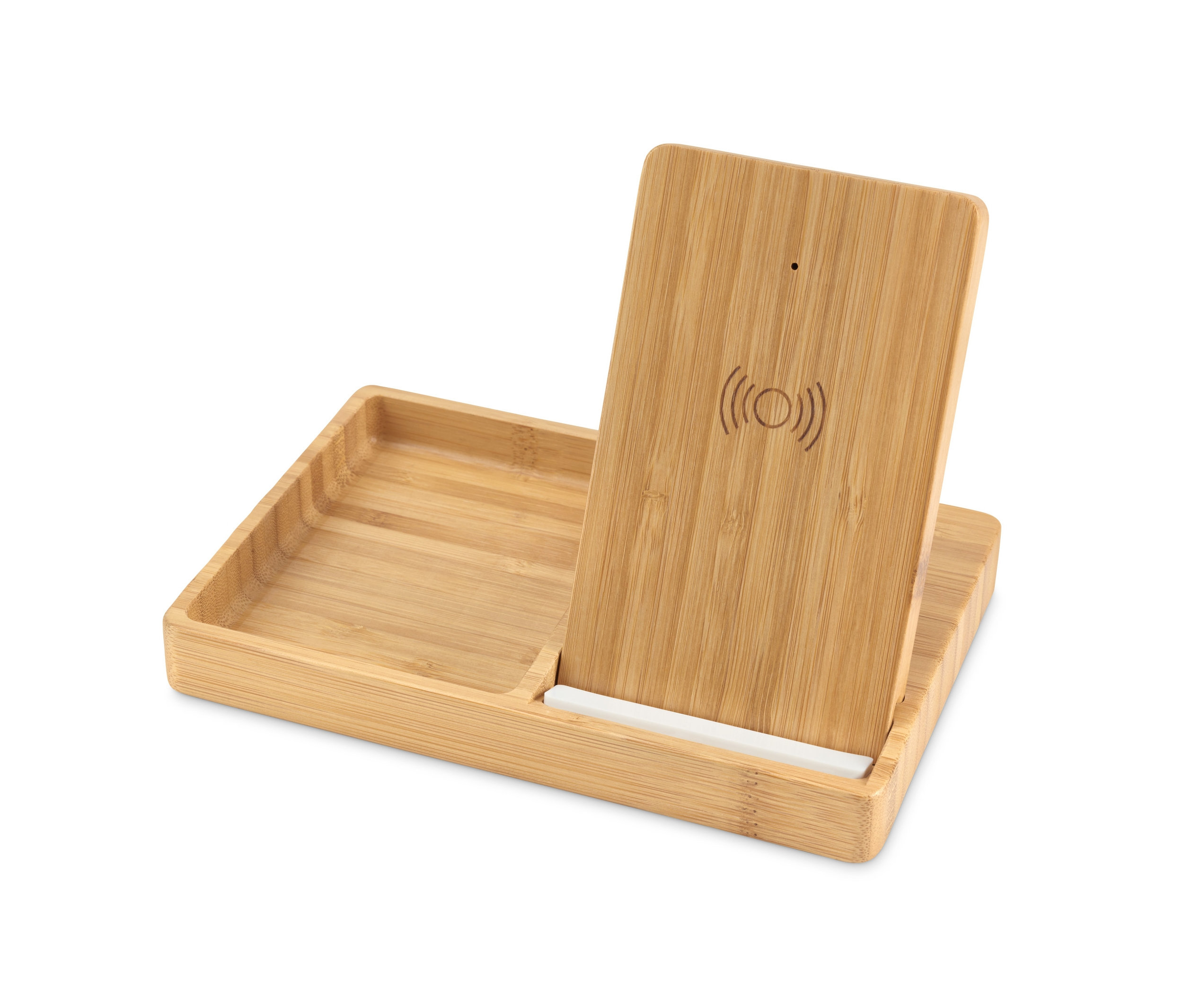 Odkladacia plocha na bezdrôtové nabíjanie z bambusu s malou priehradkou.