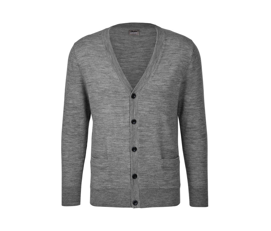 Sivý merino kardigán s gombíkmi a vreckami.
