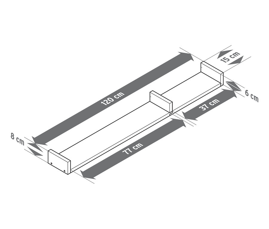 Náčrt nástennej police s dĺžkou cca 120 cm.