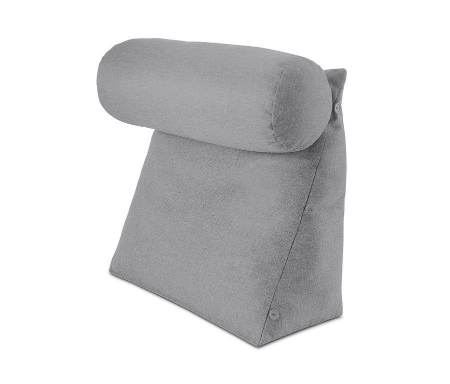Sivá poduška na opieranie s podhlavníkom.