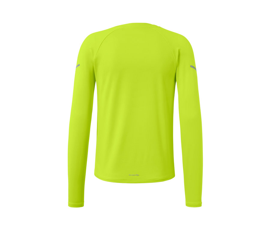 Detail zadnej strany neónovo limetkového funkčného trička s dlhými rukávmi.