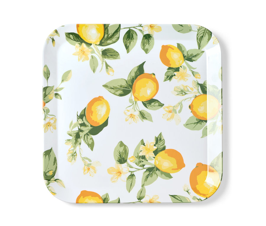Biely podnos s potlačou citrónov a kvetov.