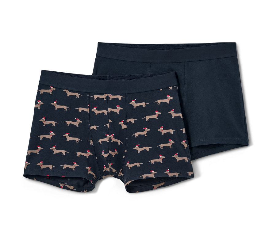 Dvoje boxerky, jedny s potlačou jazvečíkov v čiapke, druhé modré.