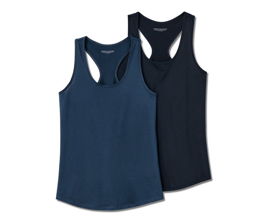 Dva športové topy, jeden modrý a jeden tmavomodrý.