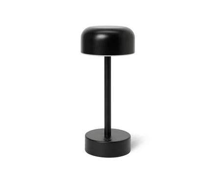 Čierna akumulátorová stolová LED lampa na bielom pozadí.