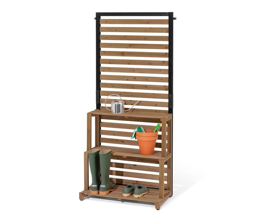Zástenový regálový modul »Elin« s gumákmi, topánkami, kanvou a kvetináčom.