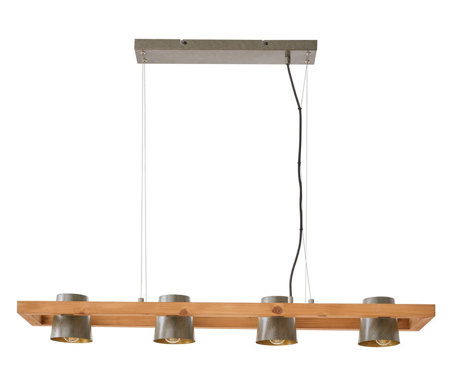 Drevené stropné svietidlo so štyrmi kovovými tienidlami.