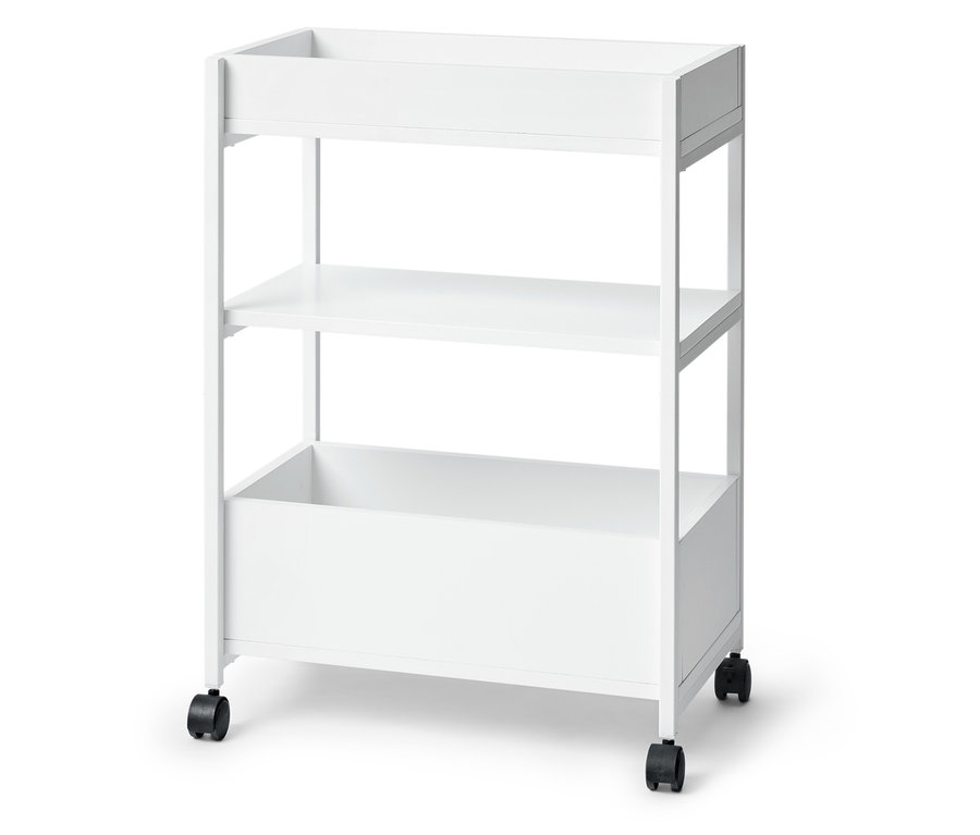 Biely pojazdný regál s tromi policami.