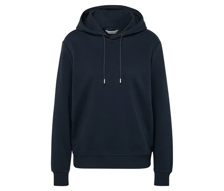 Tmavomodrá mikina s kapucňou so sťahovacou šnúrkou.