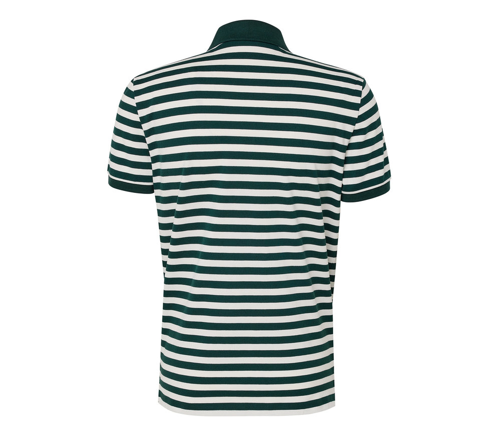 Pohľad zozadu na piké polokošeľu so zeleno-bielymi vodorovnými pruhmi.