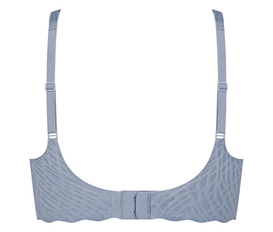 Detailný pohľad zozadu na mäkkú podprsenku sloggi ZERO Feel Bliss v modrošedej farbe.