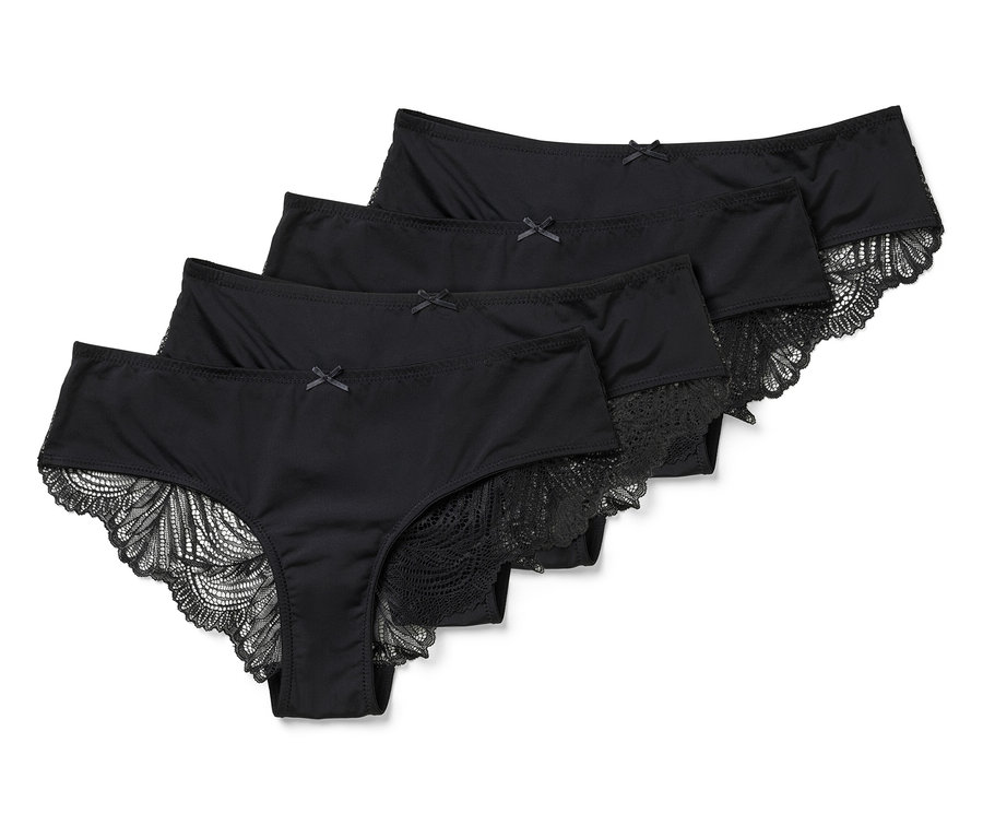 Štyri čierne brazílske nohavičky s čipkou.