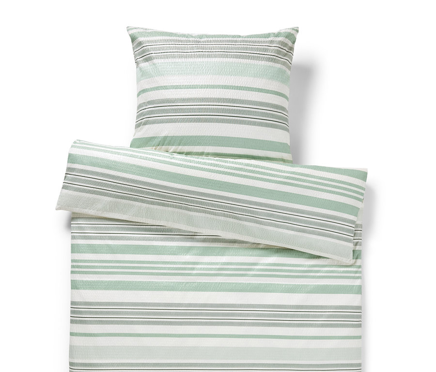 Seersucker-Microfaser-Bettwäsche s pruhmi v zelenej, bielej a sivej farbe. Zahŕňa štandardné a nadmerné veľkosti.