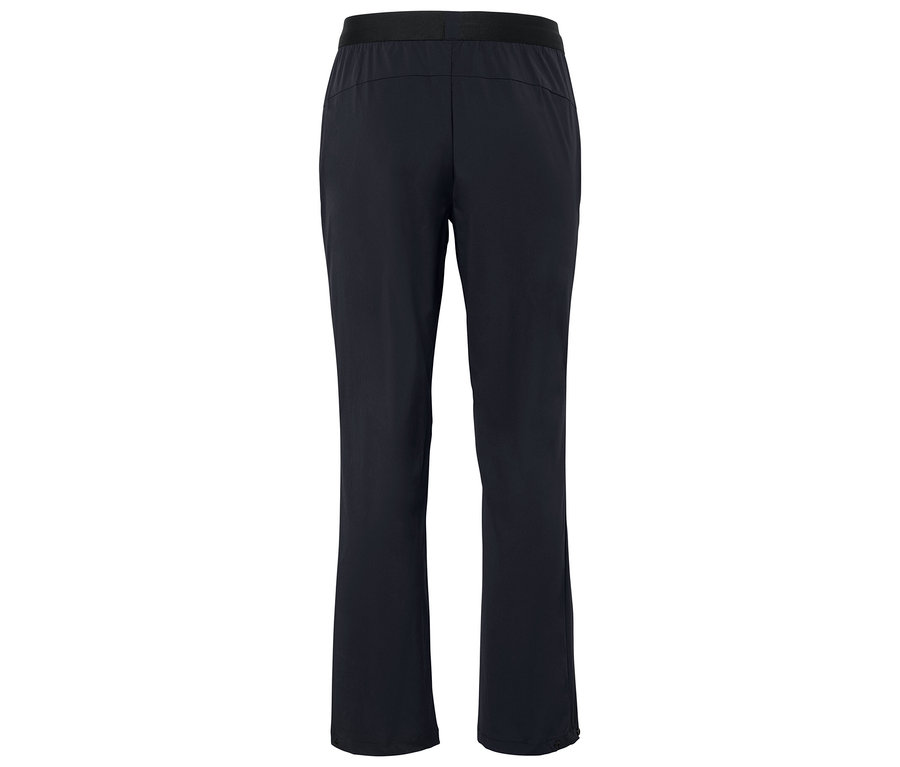 Tmavo modré nohavice s elastickým pásom, pohľad zozadu.